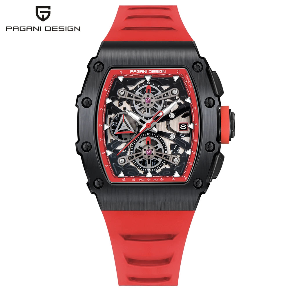 Montre PAGANI DESIGN PD-YS011 – Quartz Chronographe Racing, Verre Saphir, Acier Inoxydable Tonneau, Bracelet Silicone, Étanche 5 ATM – CLEVI Paris