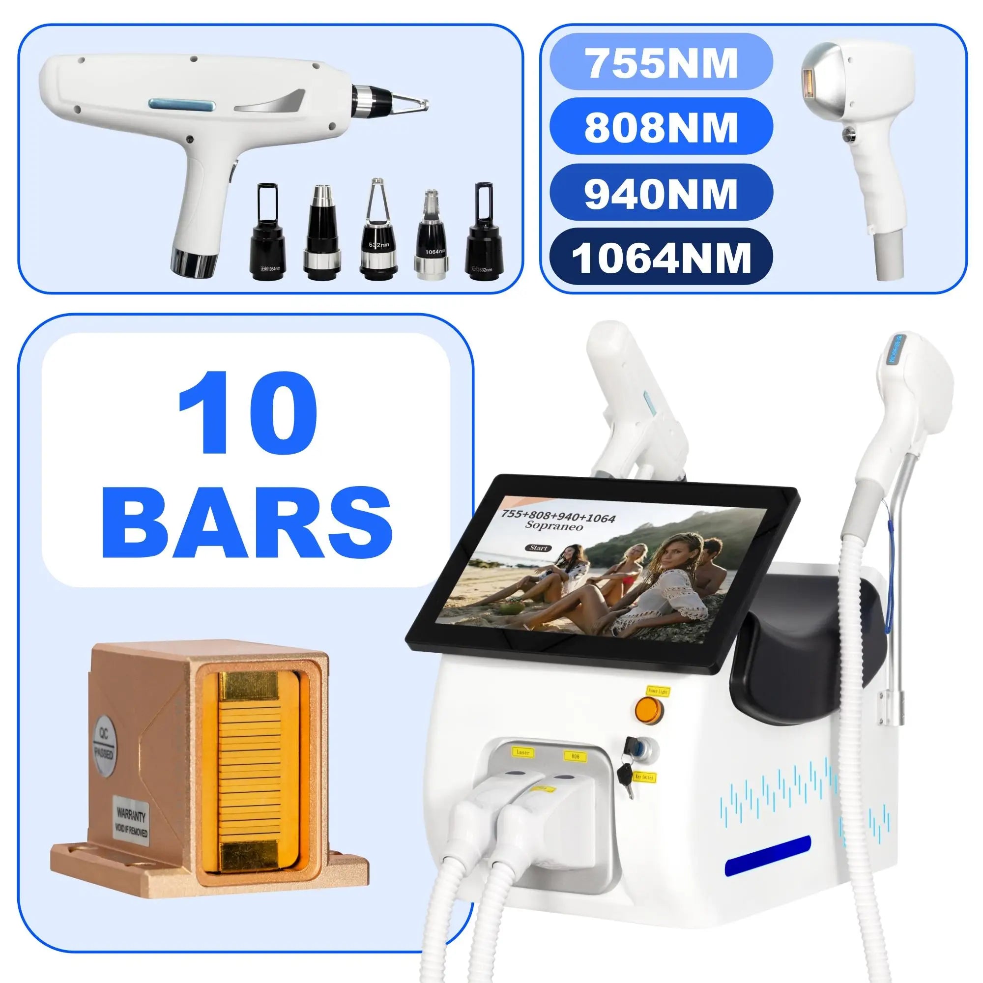 Machine Portable 2-en-1 Laser Diode FAC Picoseconde 5000W 4 Longueurs d’Onde 755/808/940/1064nm Épilation & Détatouage – CLEVI Paris