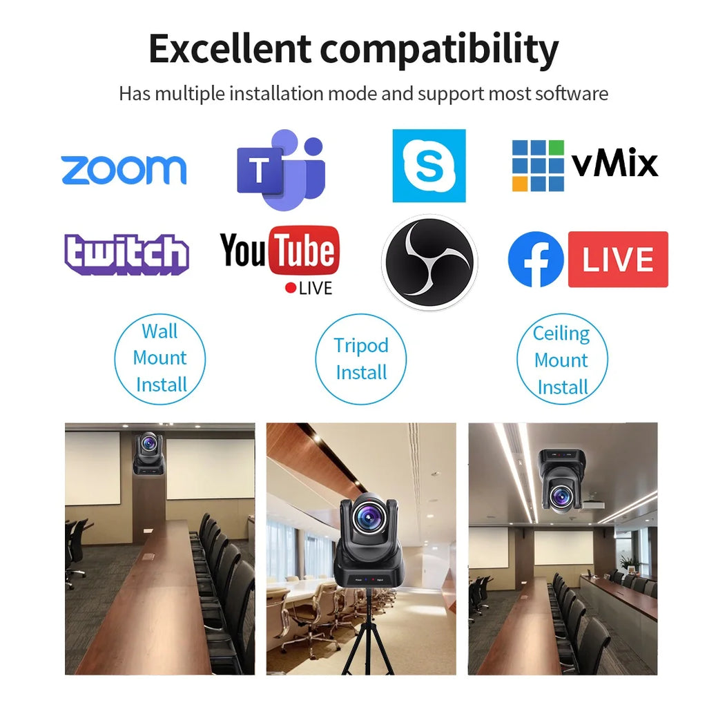 Caméra PTZ Professionnelle SMTAV – Suivi IA NDI|HX 12x/20x/30x 1080p@60fps PoE HDMI SDI Conférence Diffusion – CLEVI Paris