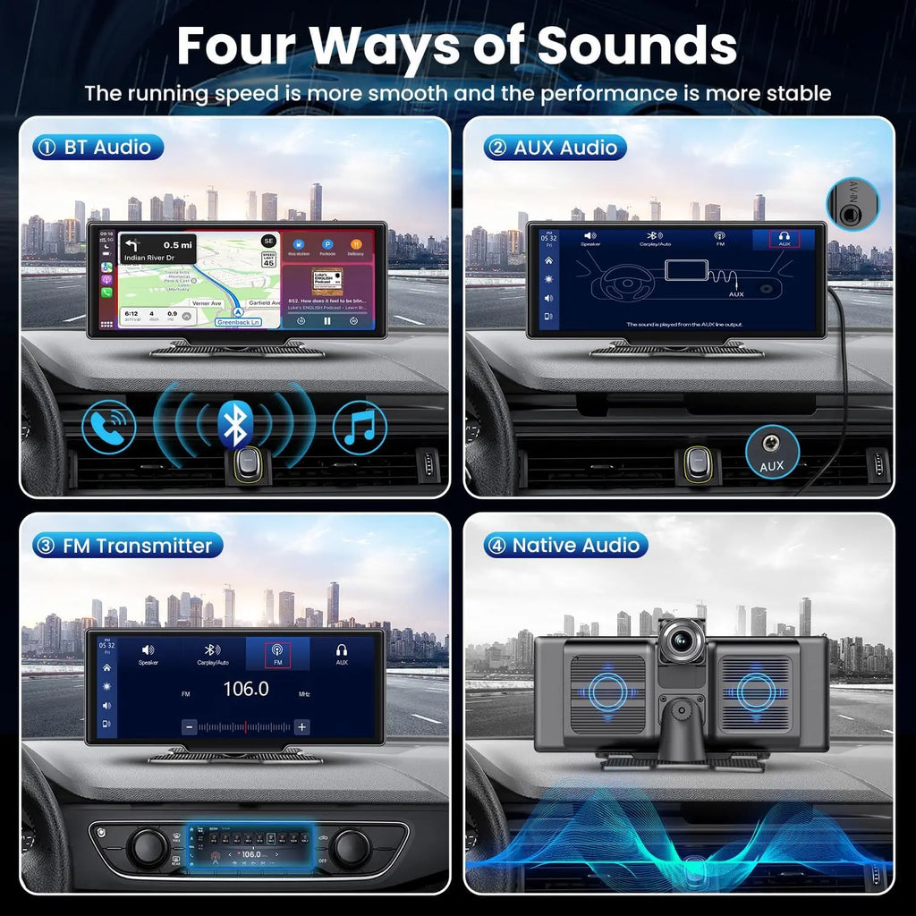 Écran CarPlay Android Auto Sans Fil 7"/10,26" – Dashcam 4K Double Objectif GPS WiFi 5G Caméra Recul – CLEVI Paris