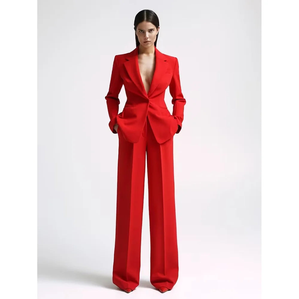 Ensemble 2 Pièces Femme – Blazer Revers Cranté + Pantalon Slim | Bureau & Cérémonie | Noir, Blanc, Rouge | XS-4XL