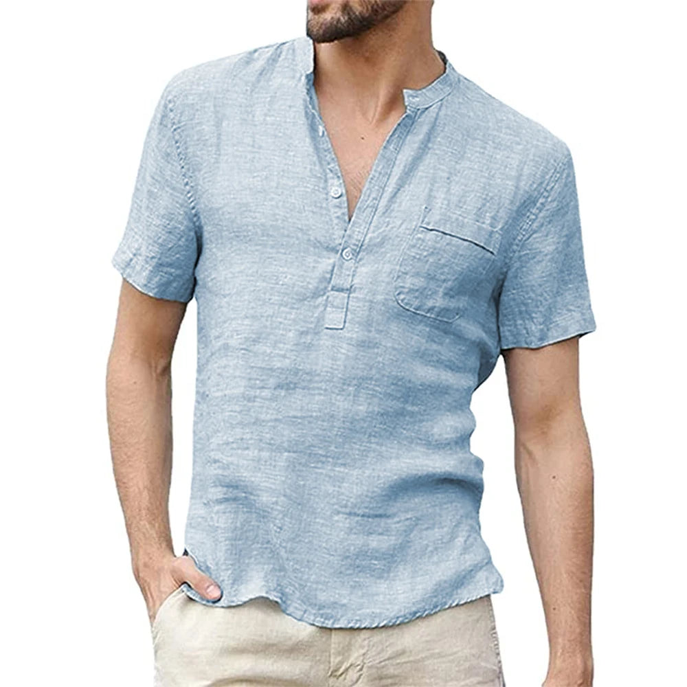 T-Shirt Homme Coton & Lin – Manches Courtes, Col Rond, Léger & Respirant