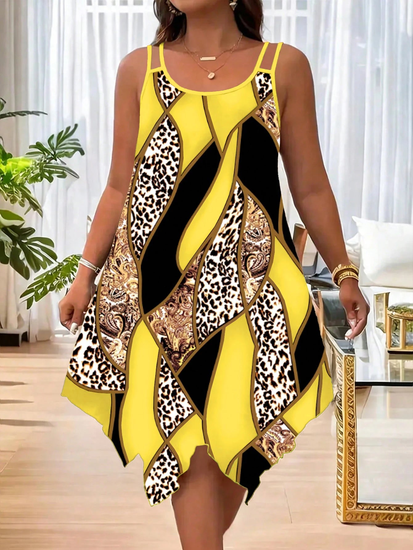Robe Femme Grande Taille Imprimé Rayures Géométriques Asymmétriques Double Bretelles Casual – CLEVI Paris