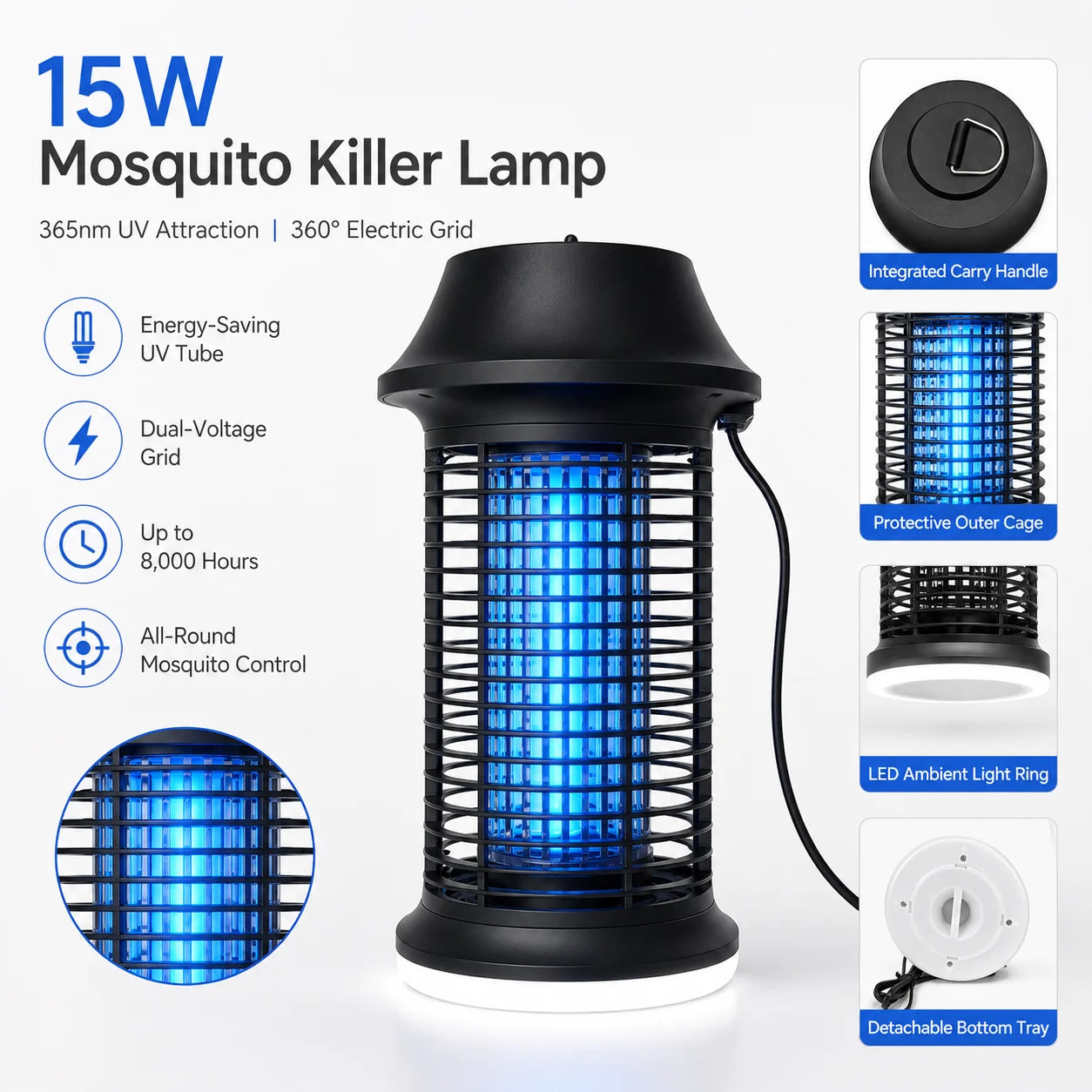 Lampe Anti-Moustiques UV 15W 2-en-1 + Lumière LED – IPX4 Étanche, 360°, Maison, Jardin & Camping
