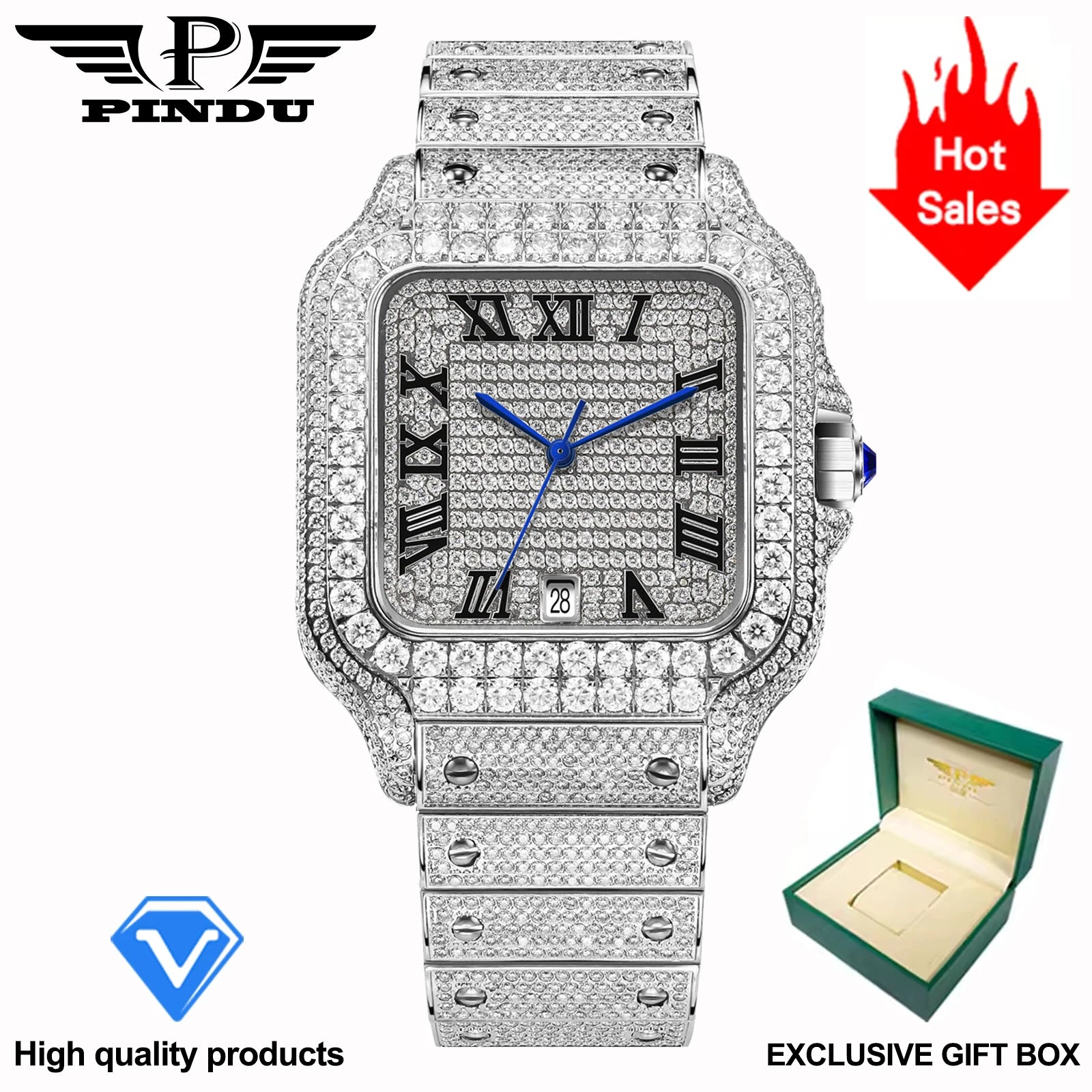 Montre Unisexe PINDU PD6669 – Diamant Mozambique, Automatique 8215, Verre Saphir, Acier Inoxydable, Étanche 10 ATM – CLEVI Paris
