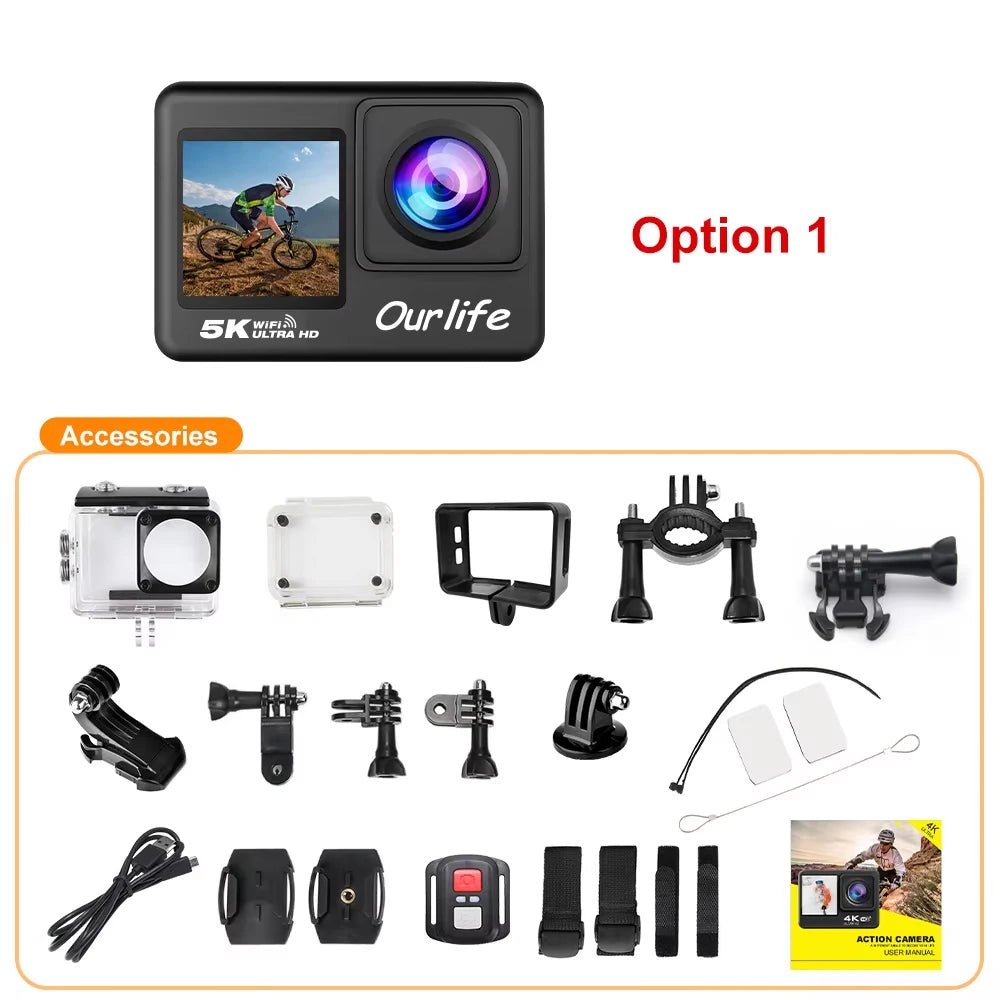 Action Cam OURLIFE 5K 4K60fps – Grand Angle 170°, Écran Tactile 2", EIS, Étanche 30m, WiFi, Vélo & Moto – CLEVI Paris