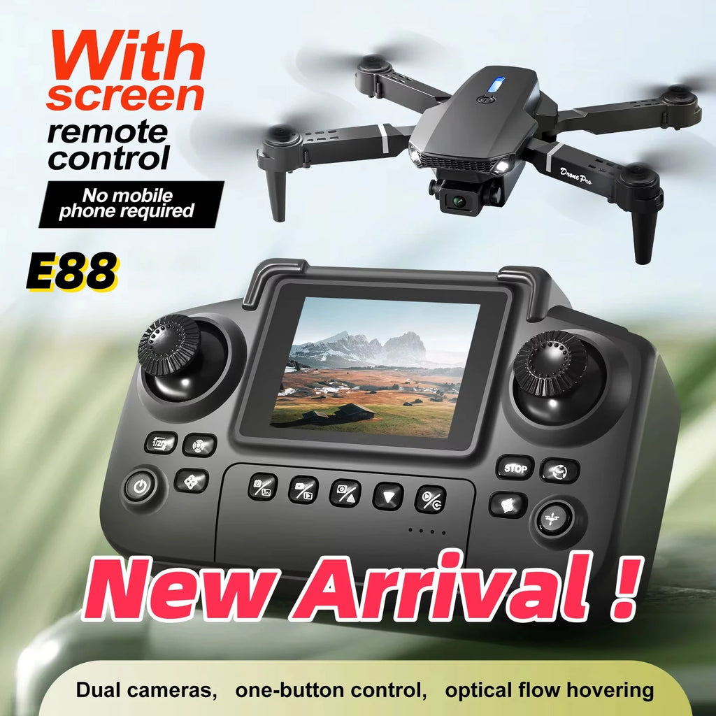 Drone E88 Pro 8K avec Écran Télécommande – Double Caméra, Positionnement Optique, Brushless & 23 Min de Vol – CLEVI Paris