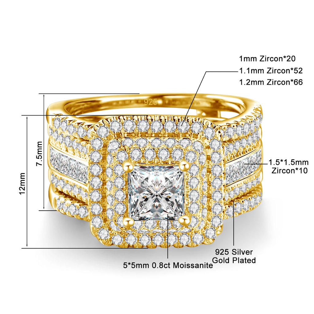 Bague Cluster Femme Moissanite Carrée 0,8ct Argent S925 Plaqué Or 18K – Fiançailles