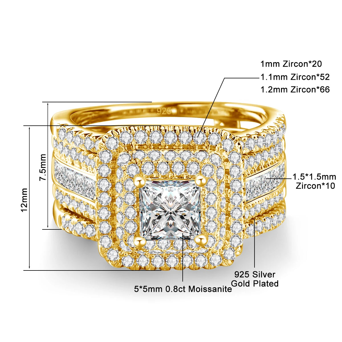 Bague Cluster Femme Moissanite Carrée 0,8ct Argent S925 Plaqué Or 18K – Fiançailles