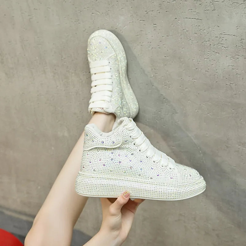 Sneakers Femme Montantes Strass & Fourrure – Cuir Véritable | Zip | Talon 3-5cm | 4 Coloris | Tailles 35-40