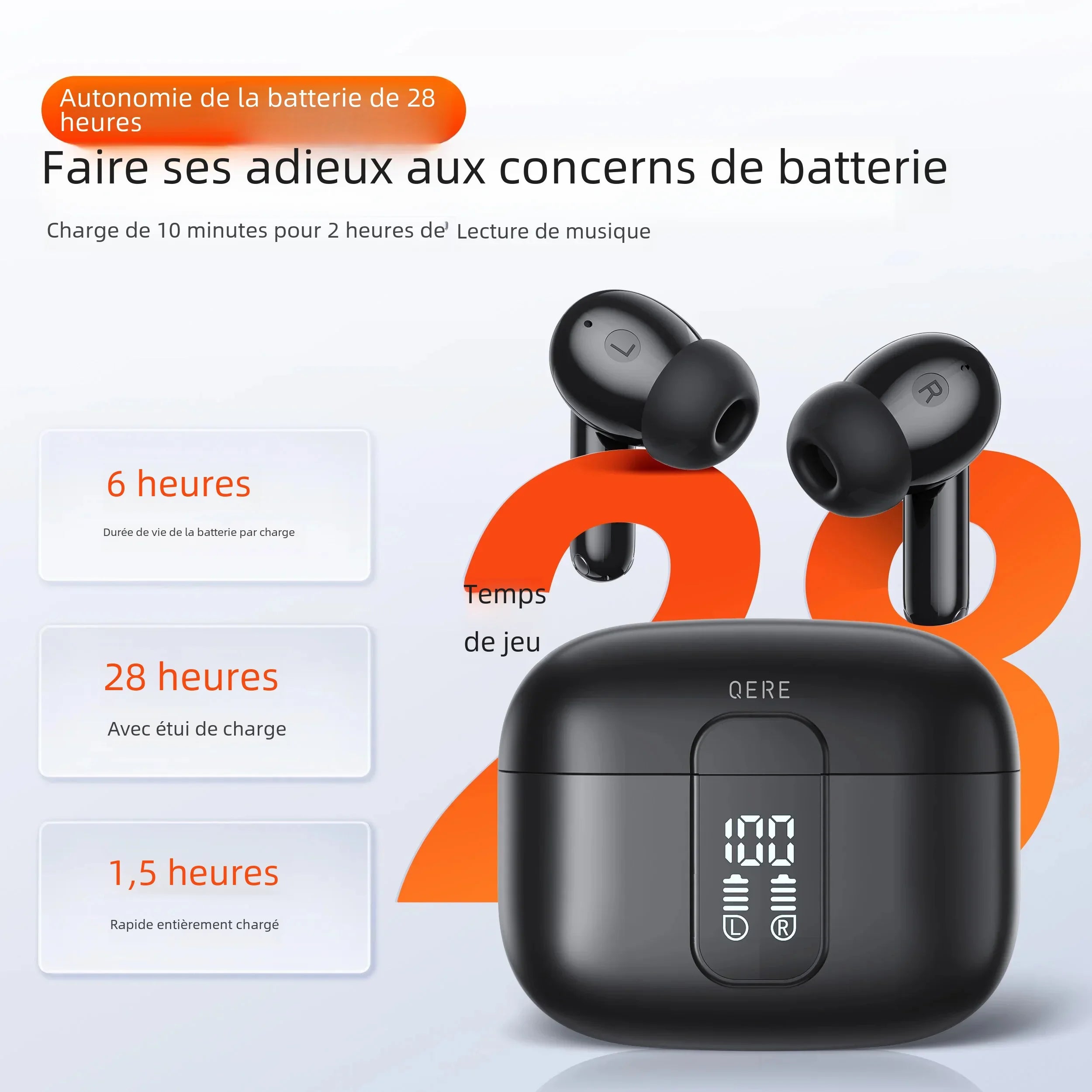 QERE E50 Écouteurs Bluetooth 5.3 TWS HiFi 28h – CLEVI Paris