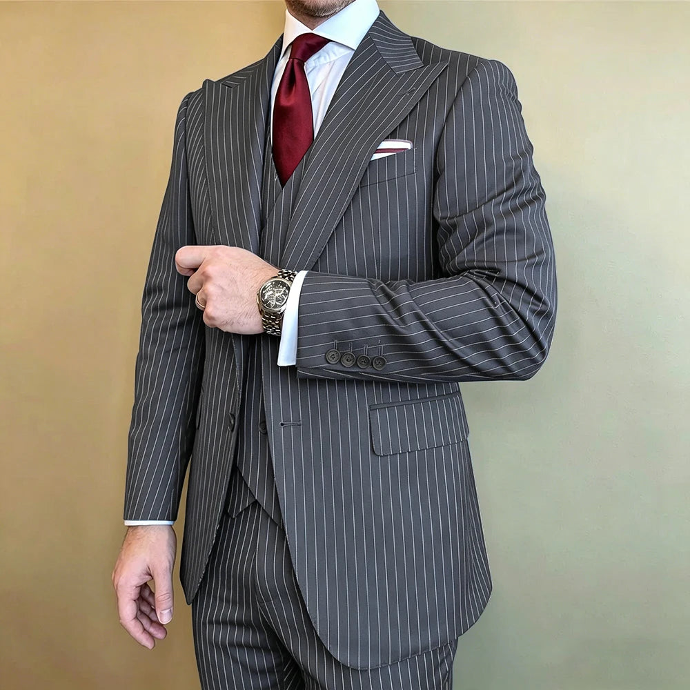 Costume 3 Pièces Homme Rayures – Blazer Slim Revers Pointu + Gilet + Pantalon | Business & Mariage | S-5XL