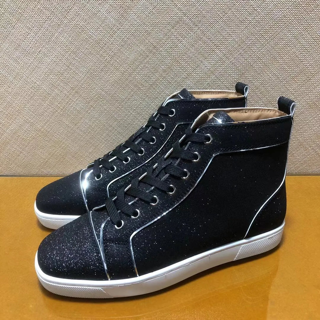 Sneakers Montantes Cuir Glitter Noir Homme – Semelle Rouge, Lacets, Tailles 35-48 – CLEVI Paris