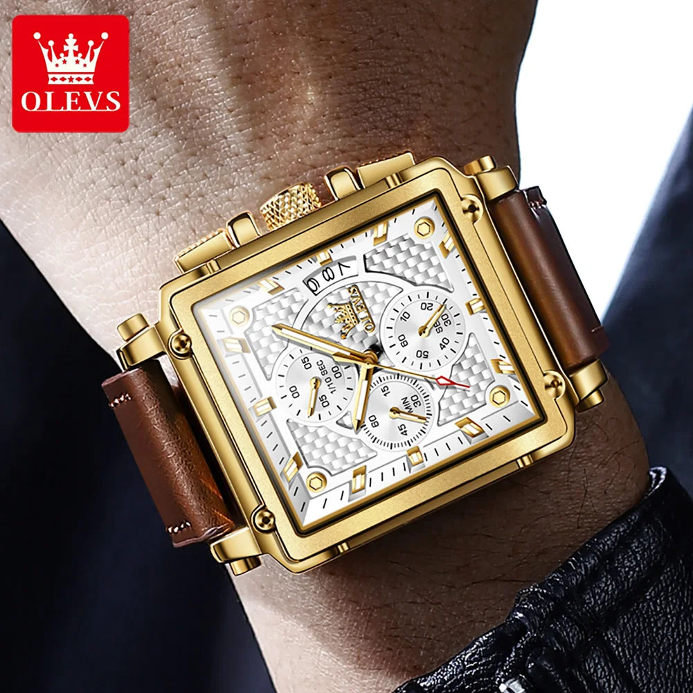 OLEVS 9925 Montre Homme Quartz Carrée Chronographe Date Lumineux Cuir 30M – CLEVI Paris