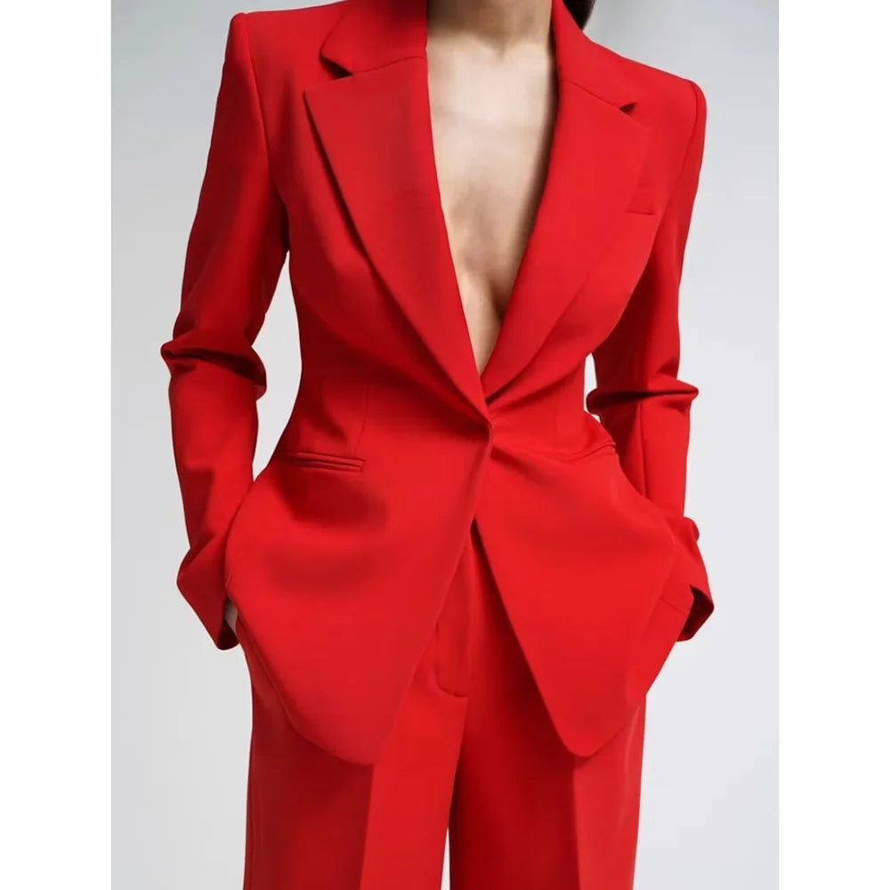Ensemble 2 Pièces Femme – Blazer Revers Cranté + Pantalon Slim | Bureau & Cérémonie | Noir, Blanc, Rouge | XS-4XL