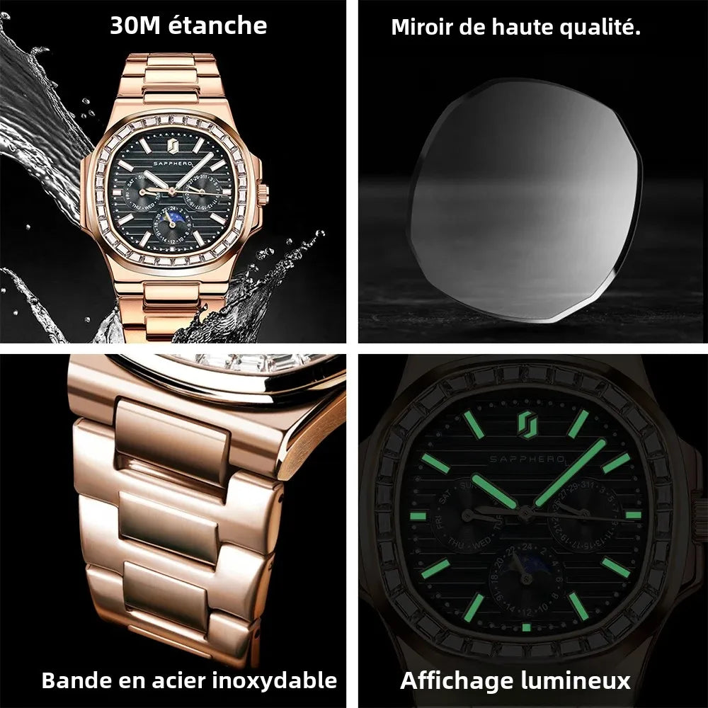 Montre SAPPHERO SO2201 – Quartz Or Rose, Cadran Diamant, Acier Inoxydable 40 mm, Aiguilles Lumineuses, Anti-Magnétique, Étanche 3 ATM – CLEVI Paris