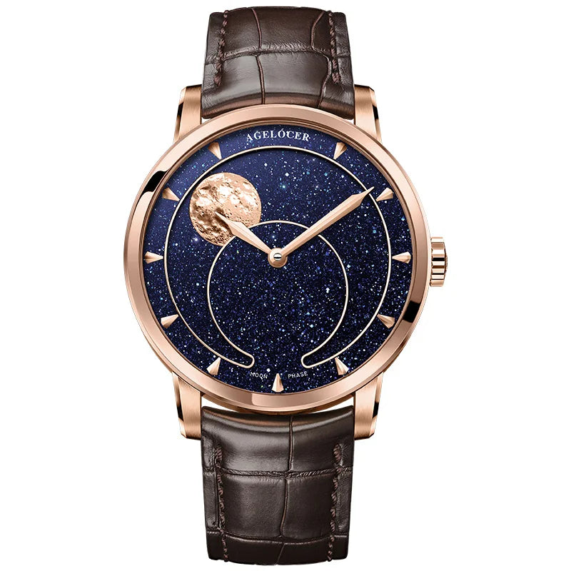AGELOCER Montre Automatique Homme Phase de Lune Aventurine Saphir Réserve 80h – CLEVI Paris