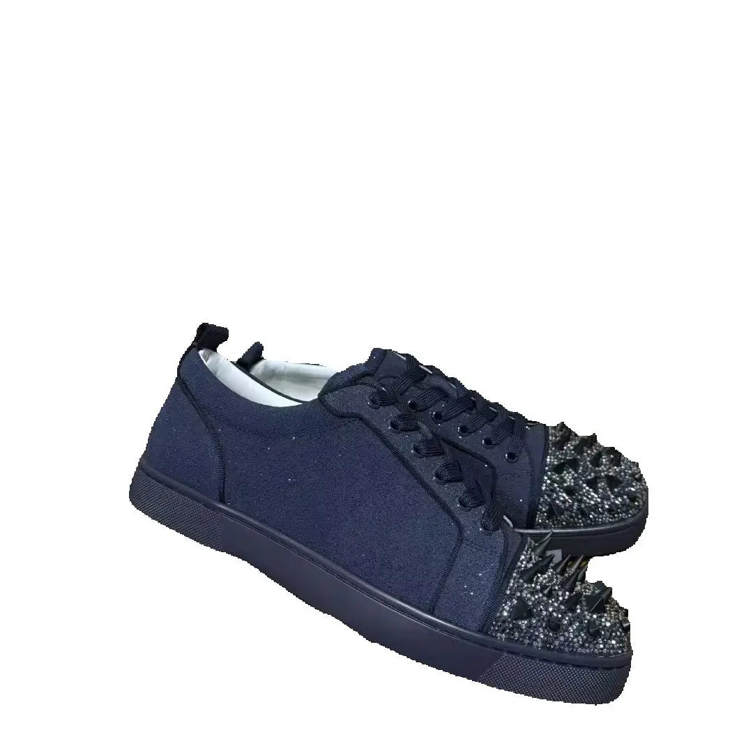 Sneakers Luxe Cuir Véritable Bleu Encre – Diamants & Semelle Rouge, Unisexe, Tailles 35-48 – CLEVI Paris