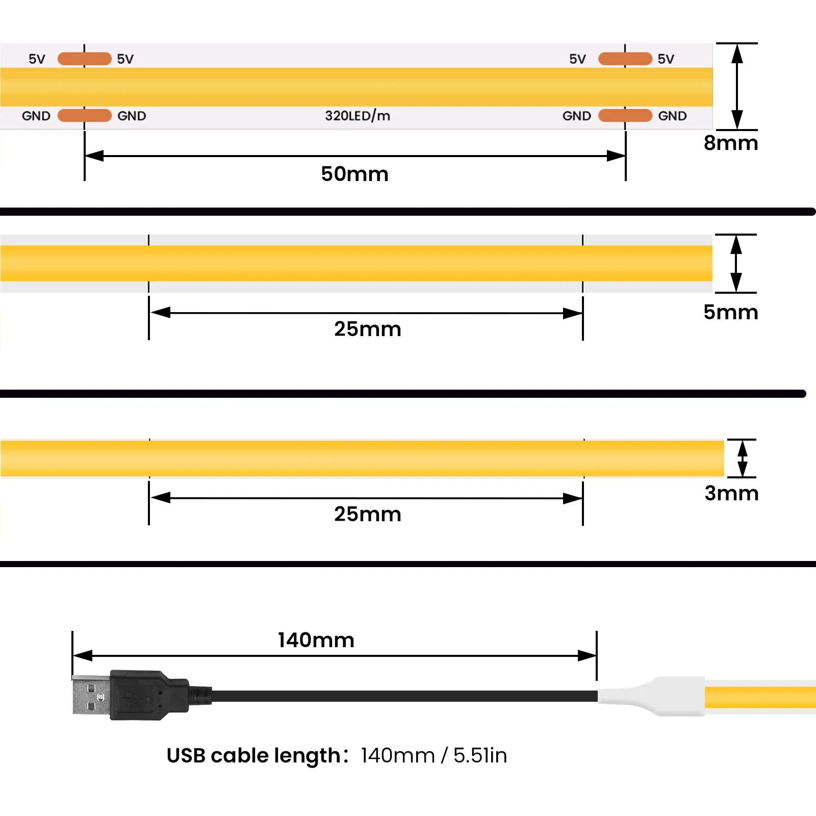 Ruban LED COB USB 5V Ultra-Fin — CLEVI Paris