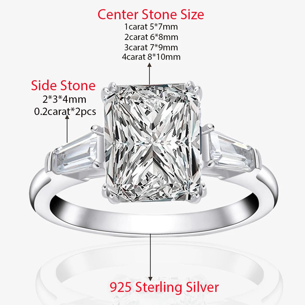Bague Fiançailles Moissanite 1-4 Carats Taille Emerald & Radiant – Argent 925 Plaqué Platine