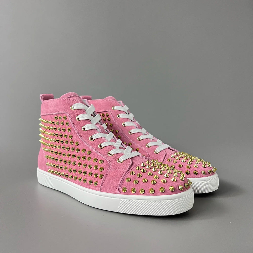 Mocassins Homme Cuir Suède Rose – Semelle Rouge, Rivets, Lacets | Style Luxe