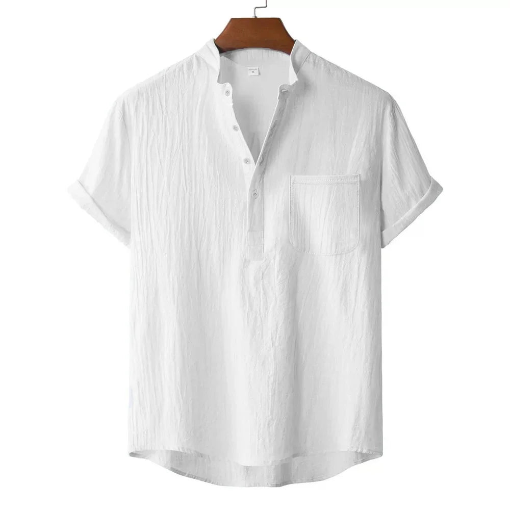 T-Shirt Homme Coton & Lin – Col Henley, Manches Courtes, Style Plage & Vacances