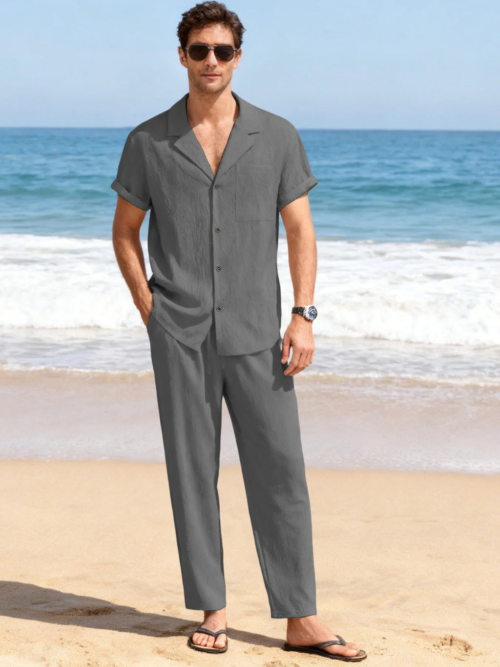 Ensemble 2 Pièces Homme Soie Glacée Polo Manches Courtes + Pantalon Long Casual Été – CLEVI Paris