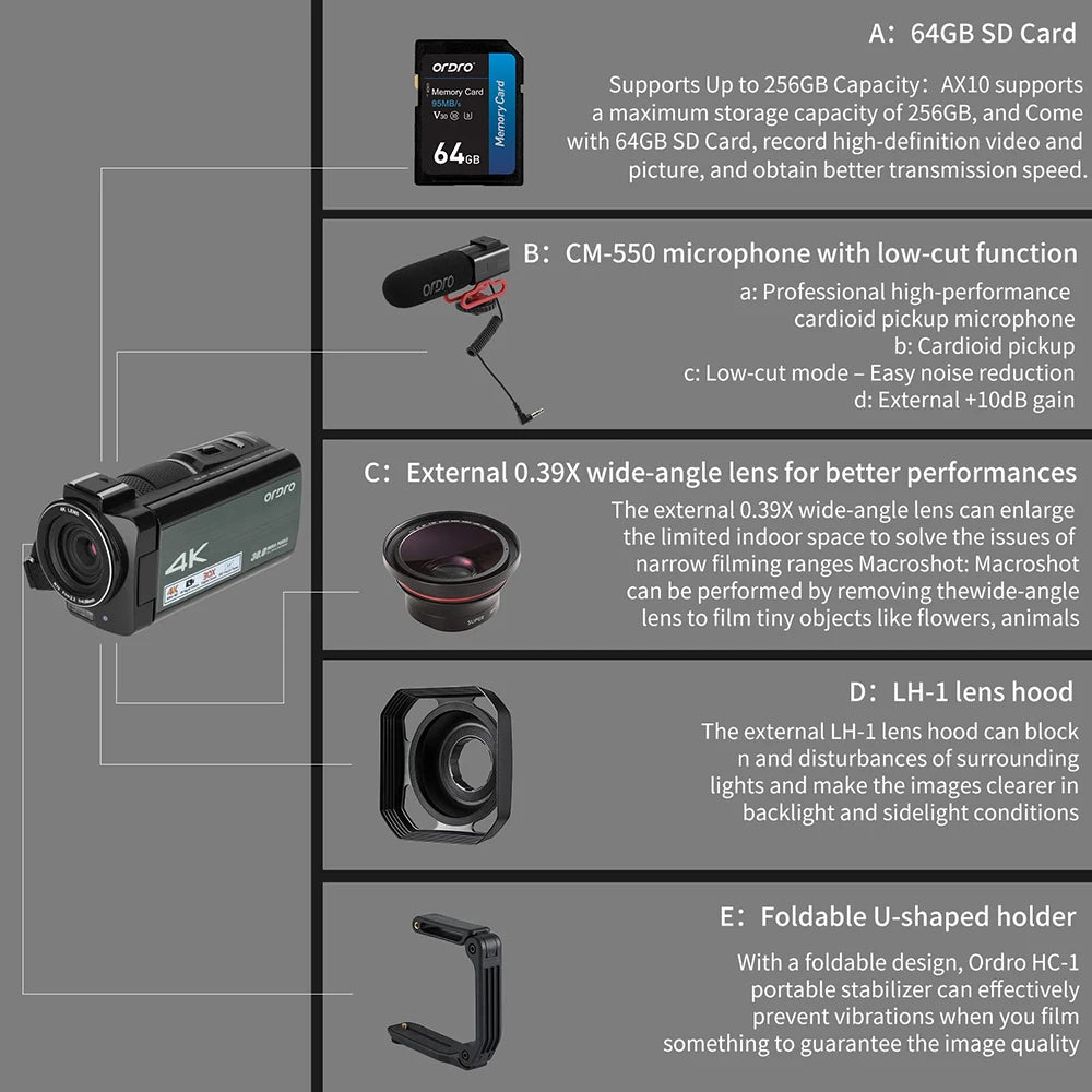 Caméscope Ordro AX10 4K 30MP – Zoom 30x, Vision Nocturne IR, WiFi, Écran Tactile 3,5", Vlogging YouTube, Kit Complet – CLEVI Paris