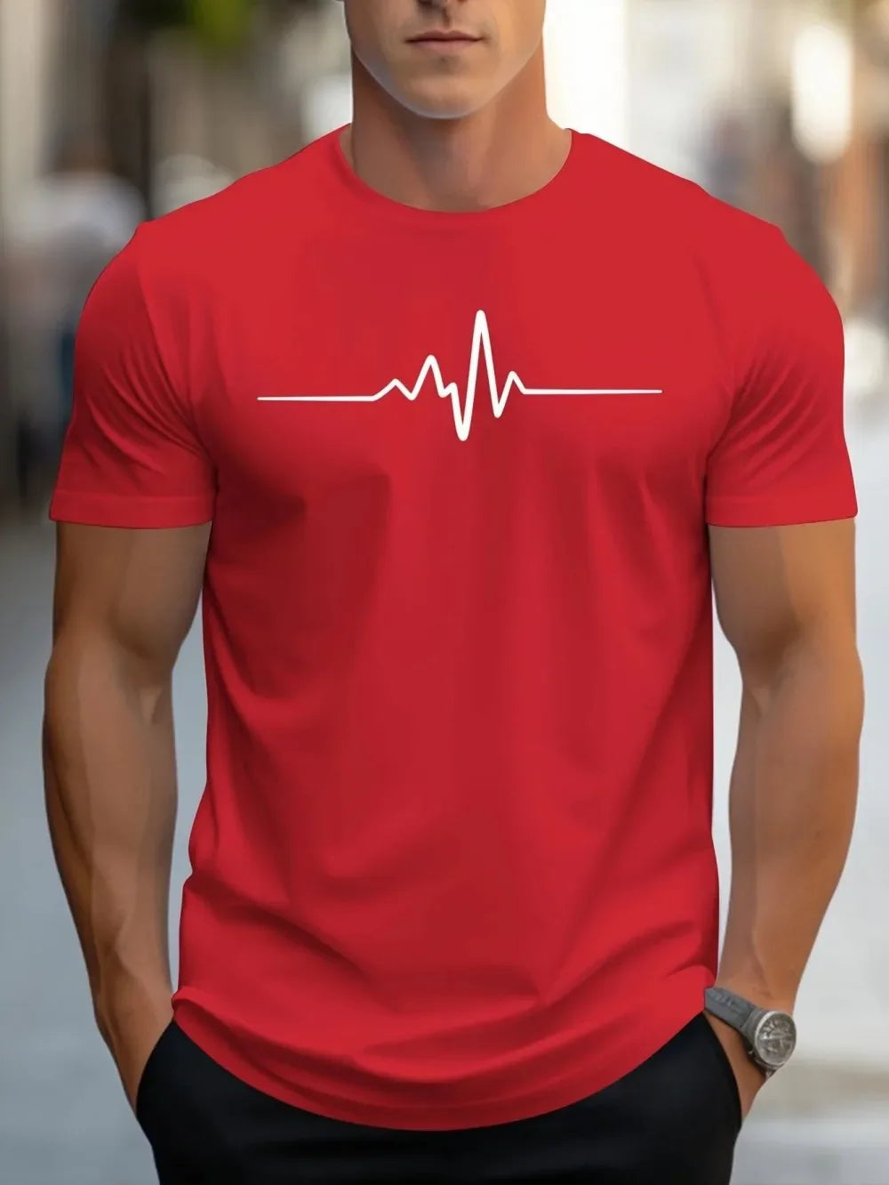 T-Shirt Homme Imprimé 3D Heartbeat – Graphique, Col Rond, Manches Courtes, Grande Taille