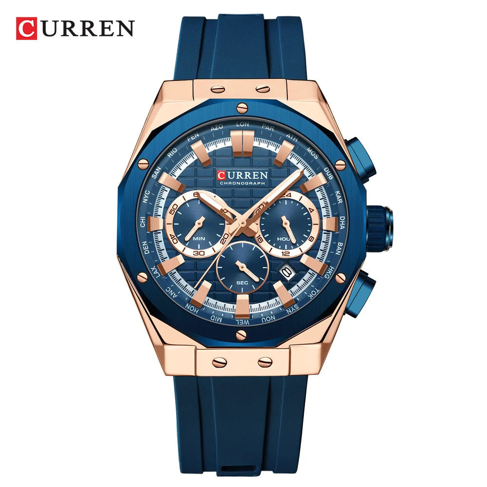 Montre Quartz Homme CURREN 8464 – Chronographe Lumineux, Silicone & Écrin | 10 Coloris