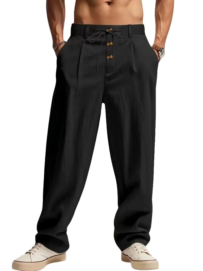 Pantalon Homme Lin Coupe Droite Loose Casual Sport Plage Cordon Taille Mi-Haute – CLEVI Paris