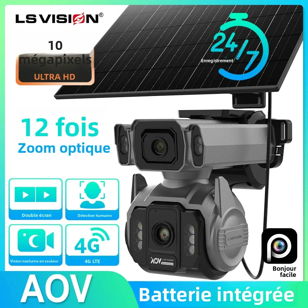 Caméra Solaire 4G LS VISION AOV 4K Double Objectif Zoom 12x PTZ Suivi IA 24/7 IP66 – CLEVI Paris
