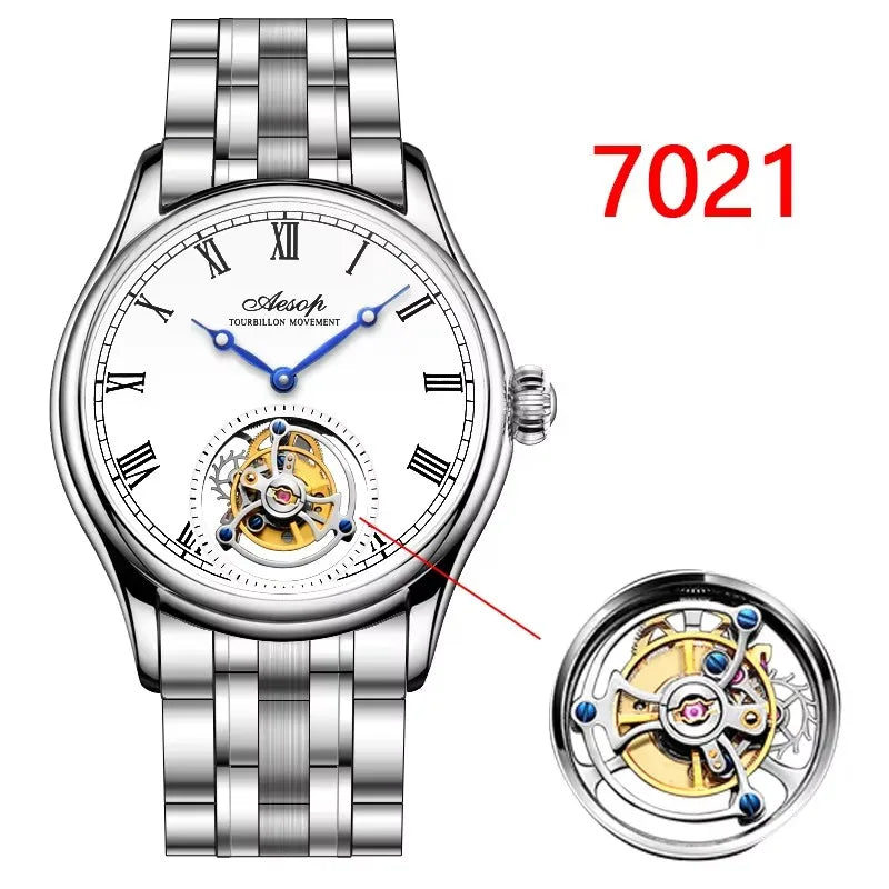 Montre AESOP Tourbillon Volant – Mécanique Squelette Double Face, Verre Saphir, Acier Inoxydable, Cuir, Étanche 5 ATM – CLEVI Paris