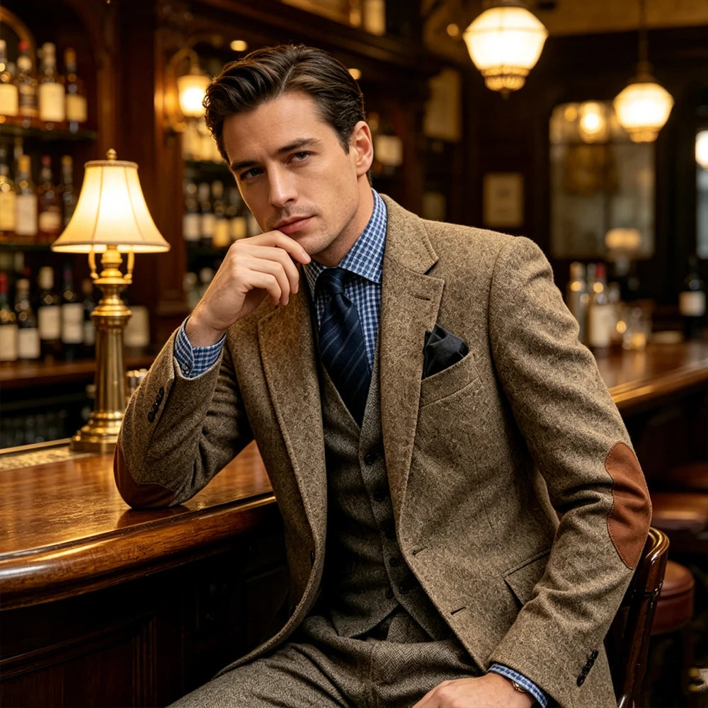Blazer homme en tweed, revers cranté et coudes – CLEVI Paris