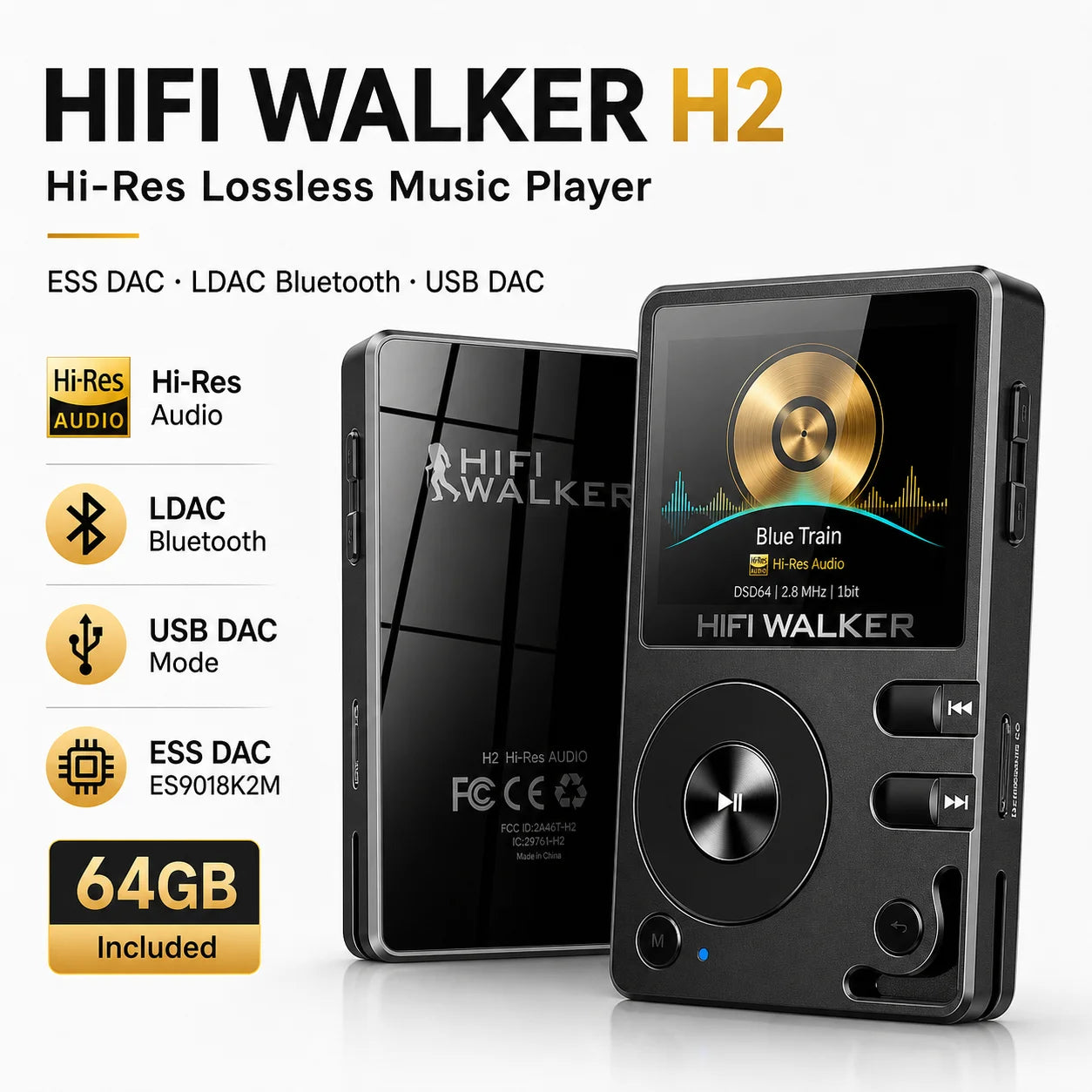HiFi Walker H2 DAP ES9018K2M DSD128 Bluetooth 5.2 LDAC USB-DAC 64Go – CLEVI Paris