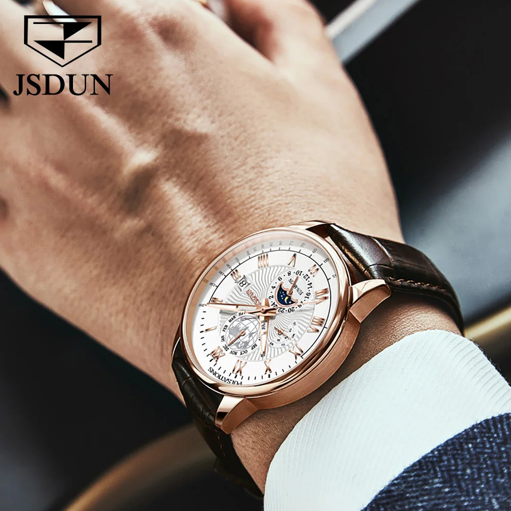 Montre JSDUN 8909 – Automatique, Phase de Lune, Calendrier, Chiffres Romains, Bracelet Cuir, Étanche 5 ATM – CLEVI Paris