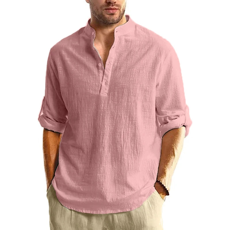 Chemise Henley Homme Manches Longues 100% Coton – Col Montant, Style Streetwear Casual, Grande Taille