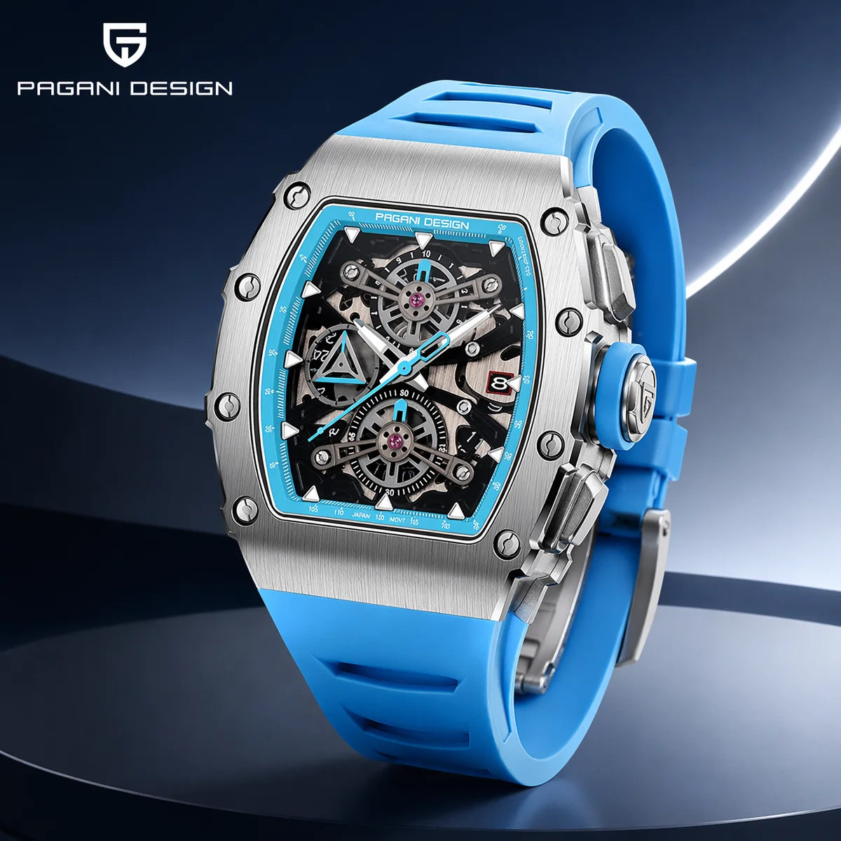 Montre PAGANI DESIGN PD-YS011 – Quartz Chronographe Racing, Verre Saphir, Acier Inoxydable Tonneau, Bracelet Silicone, Étanche 5 ATM – CLEVI Paris