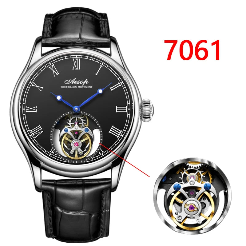 Montre AESOP Tourbillon Volant – Mécanique Squelette Double Face, Verre Saphir, Acier Inoxydable, Cuir, Étanche 5 ATM – CLEVI Paris