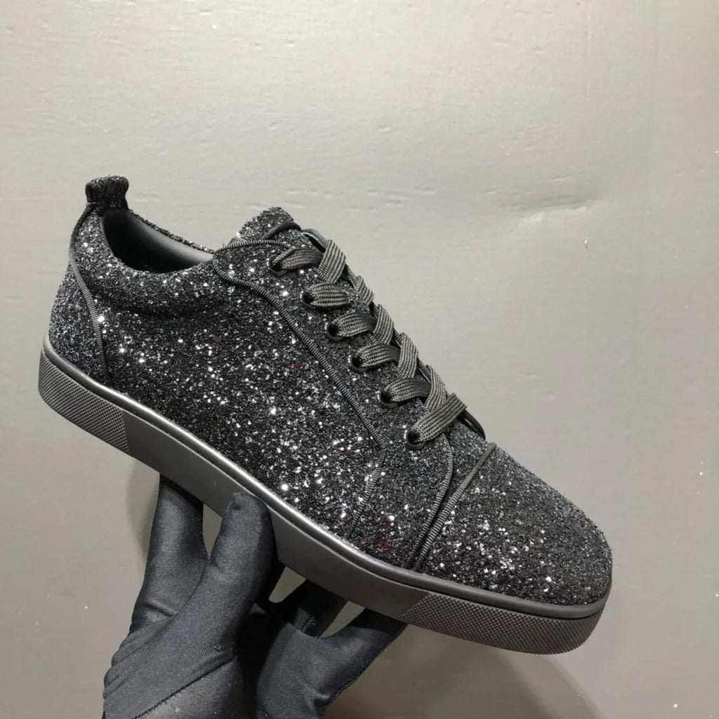 Sneakers Basses Luxe Homme Cuir Glitter Noir Semelle Rouge – CLEVI Paris