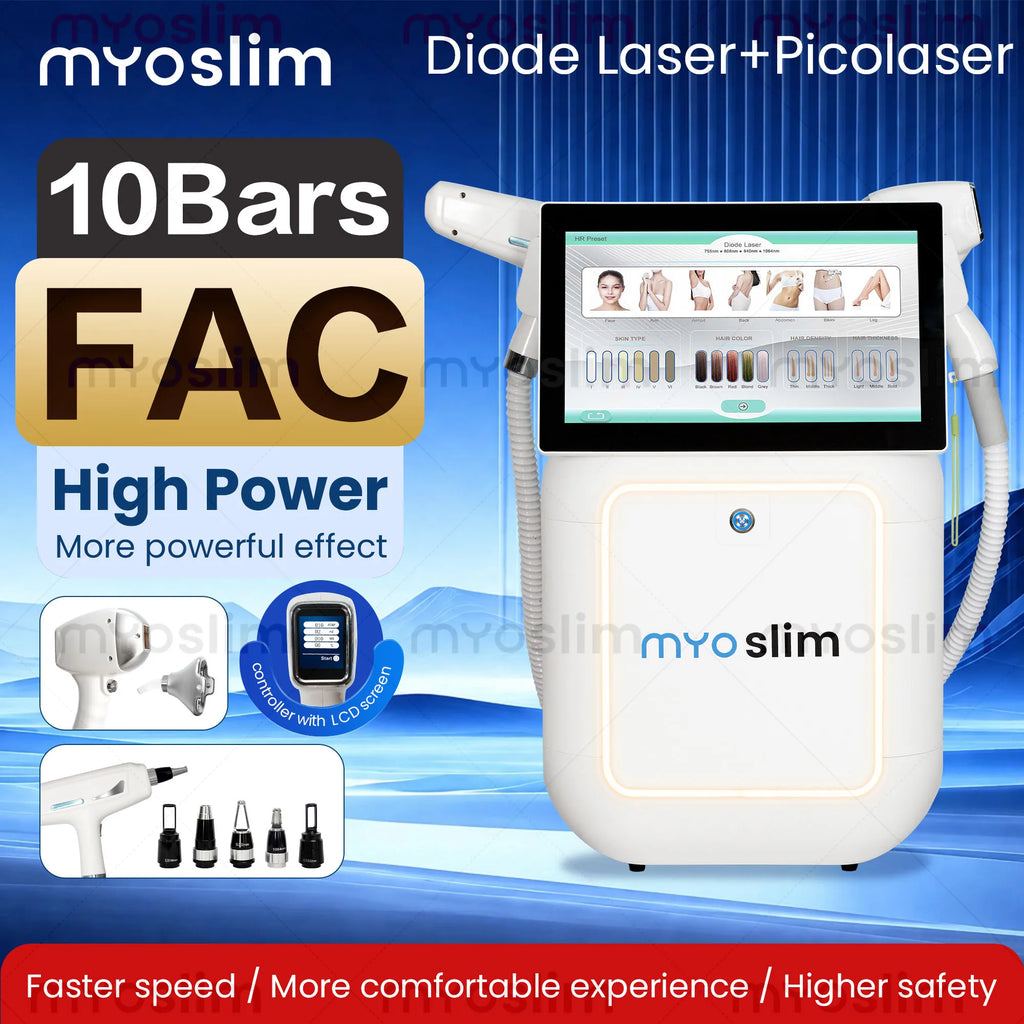 Machine 2-en-1 MYOSLIM 5000W Laser Diode + Picoseconde Nd:YAG | Épilation Définitive & Détatouage | 755-808-940-1064nm – CLEVI Paris