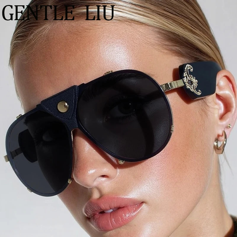Lunettes de Soleil Steampunk Oversize Vintage Pilot Femme UV400 Cuir GENTLE LIU – CLEVI Paris