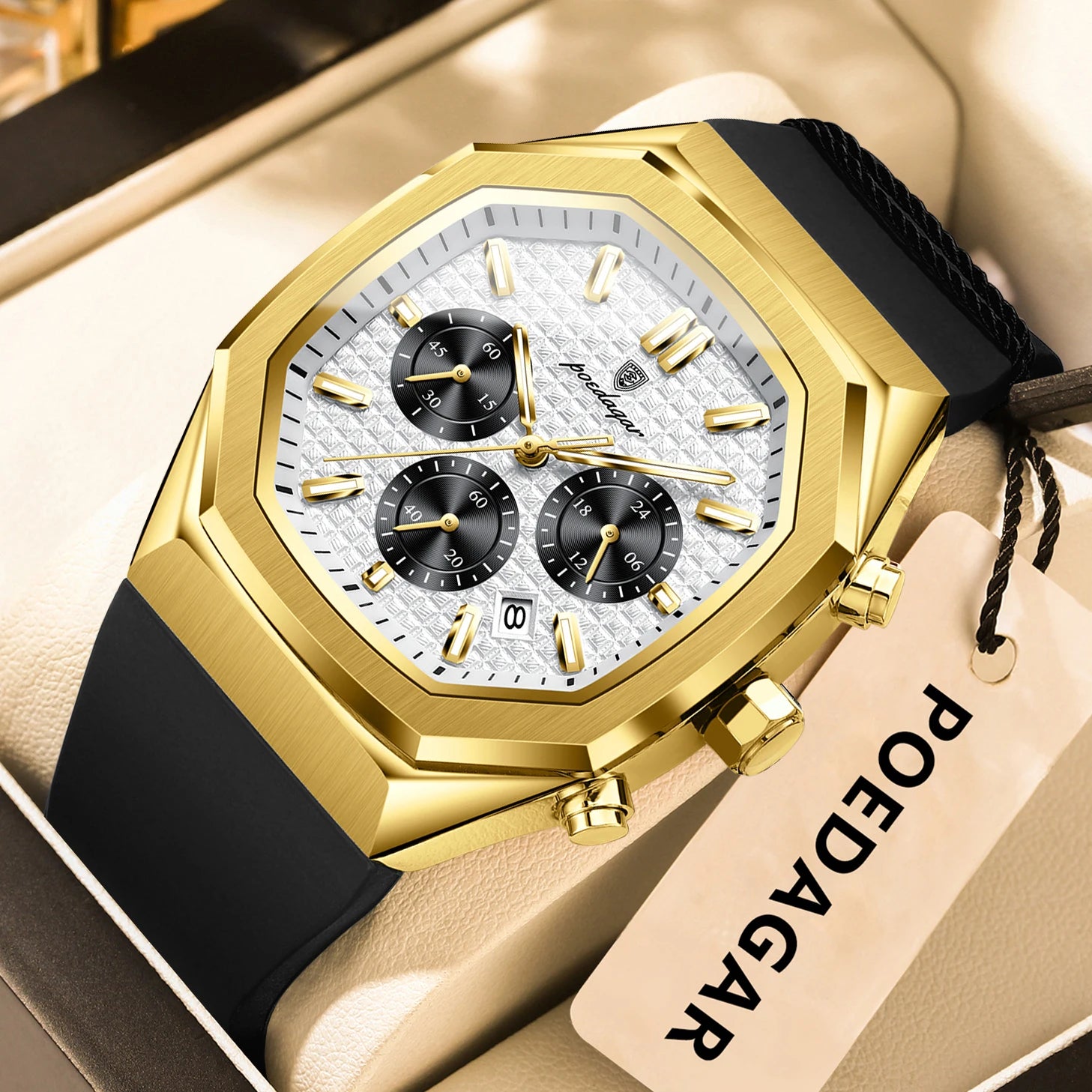 POEDAGAR Montre Quartz Homme Chronographe Carré Silicone Lumineux Date Auto – CLEVI Paris