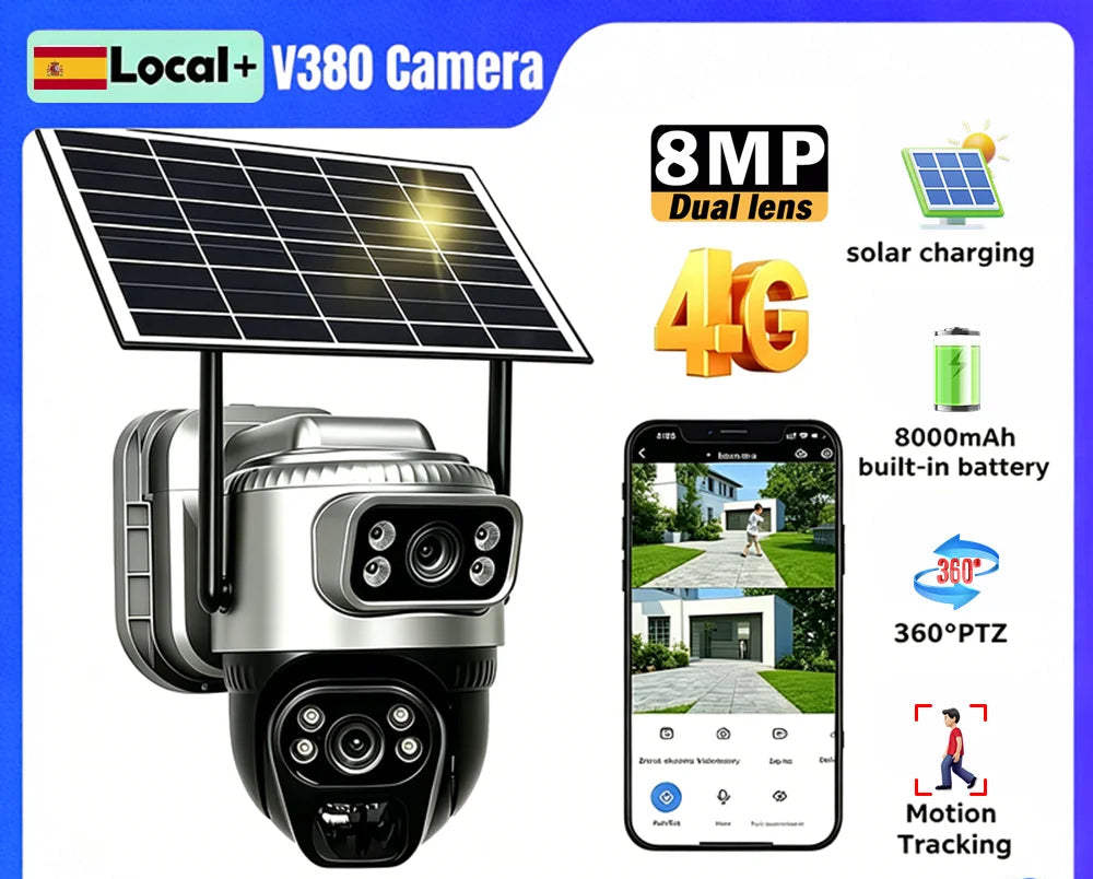 Caméra Solaire 4G V380 Pro 8MP Double Objectif PTZ 350° SIM Incluse PIR Suivi IA Vision Nocturne IP66 – CLEVI Paris