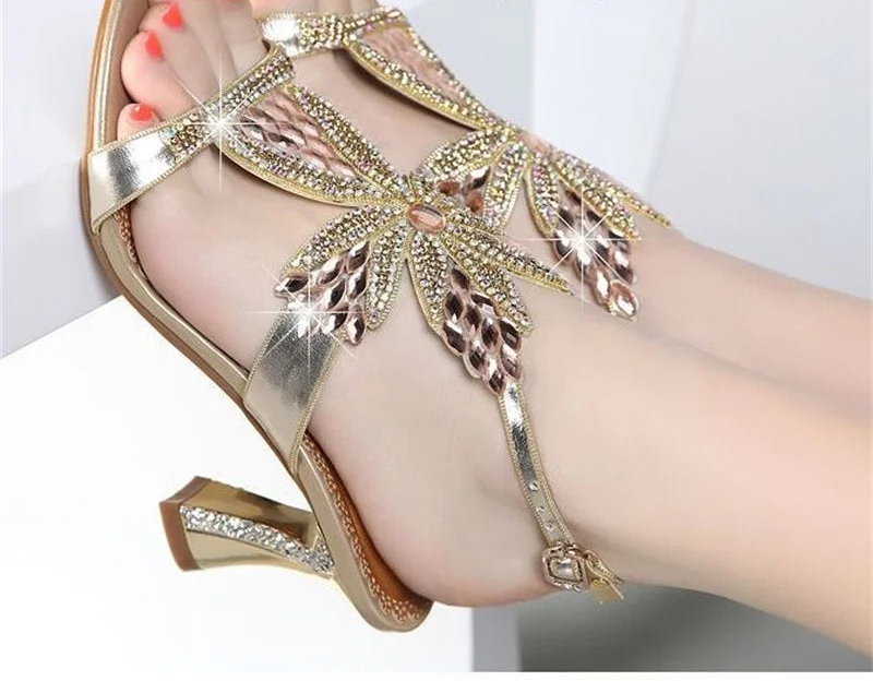 Sandales Femme Talon Carré Cuir Véritable Strass Bout Ouvert Mariage – CLEVI Paris