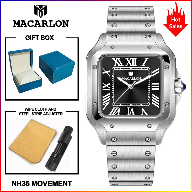 Montre Mécanique Homme MACARLON 1715 – 38mm, Saphir, NH35 Automatique & Étanche 100m