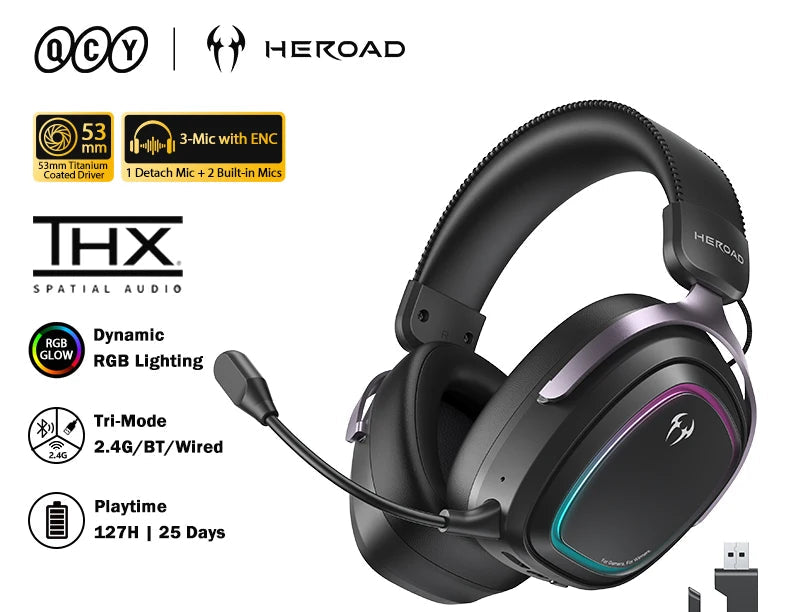 Casque Gaming QCY Heroad GT2 THX Spatial 7.1.4 Tri-Mode 127h 3 Micros ENC – CLEVI Paris