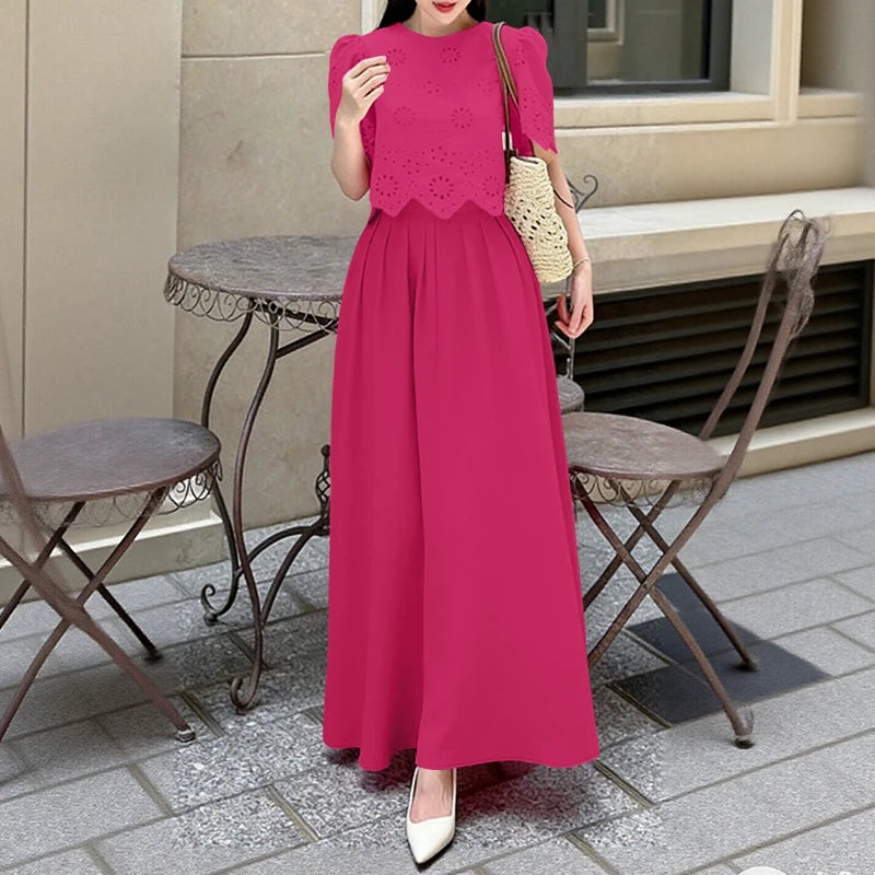 Ensemble 2 Pièces Femme Top Brodé Ajouré Manches Courtes Jupe Longue A-Line Style Bohème Été – CLEVI Paris