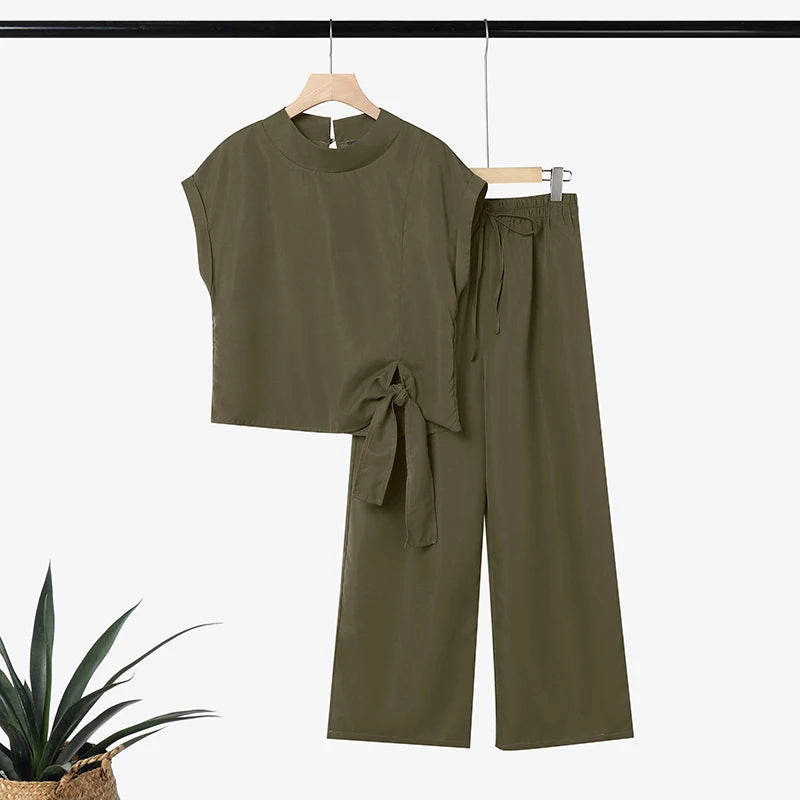 Ensemble 2 Pièces Femme Blouse Col Montant Manches Courtes Lacée + Pantalon Large Taille Mi-Haute Cordon Poches Minimaliste Casual Vert Militaire Kaki Gris Foncé – CLEVI Paris