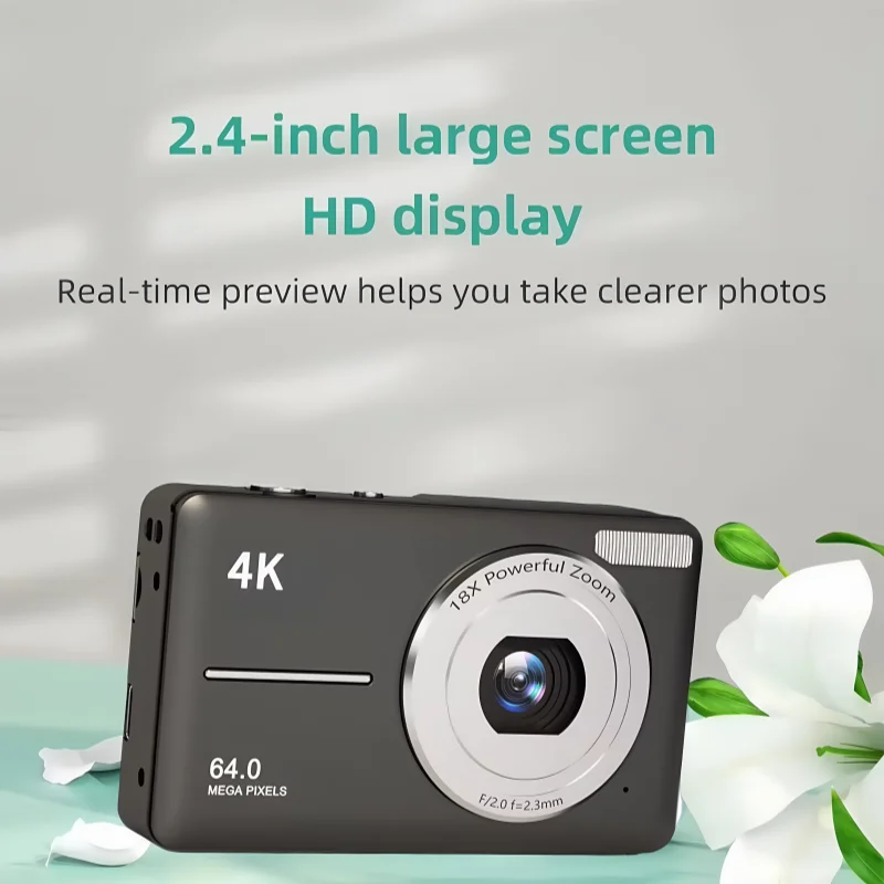Appareil Photo Numérique 4K 64MP Autofocus – Zoom 18x, Écran 2,4", Anti-Secousses, Webcam, Vlog, 3 Coloris, SD en Option